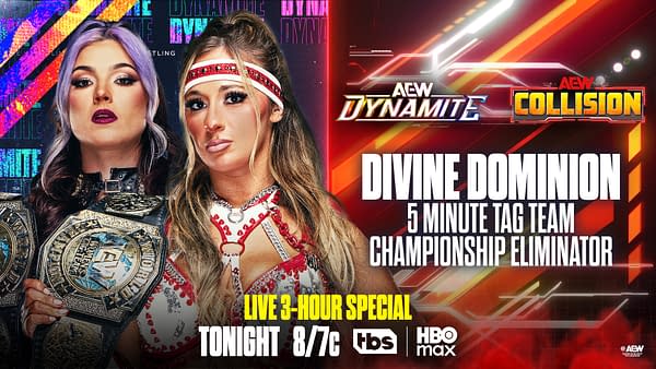 AEW Dynamite and Collision promotional graphic featuring two female wrestlers posing side by side, with championship belts and a