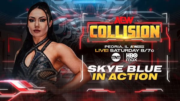 AEW Collision poster featuring Skye Blue in a dramatic wrestling pose against a high-tech red and black background.