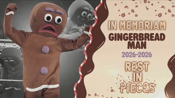 A WWE-style tribute graphic shows the Trick Williams Gingerbread Man mascot standing with arms raised beside the words