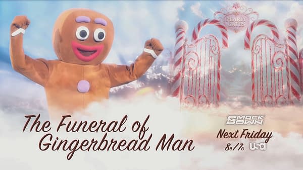 A colorful WWE SmackDown promo poster shows a giant Gingerbread Man costume standing in a dreamy candy-themed sky, with candy cane gates and the words