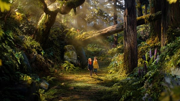 Two children walk along a sunlit forest path surrounded by towering mossy trees, ferns, and wildflowers in a lush Wildwood scene.