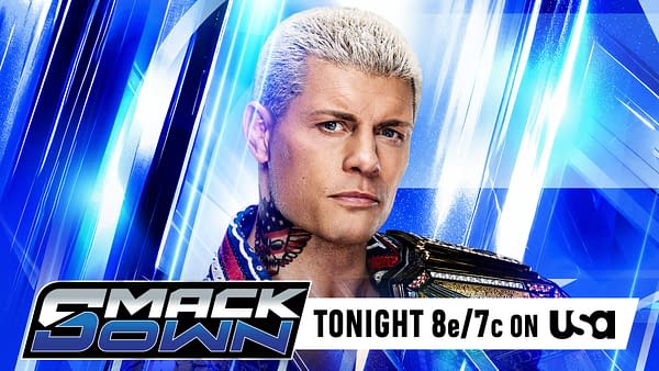 Cody Rhodes poses with a championship belt against a blue SmackDown graphic background, with a promotional banner for WWE SmackDown tonight. The image features the show logo and broadcast time on USA.