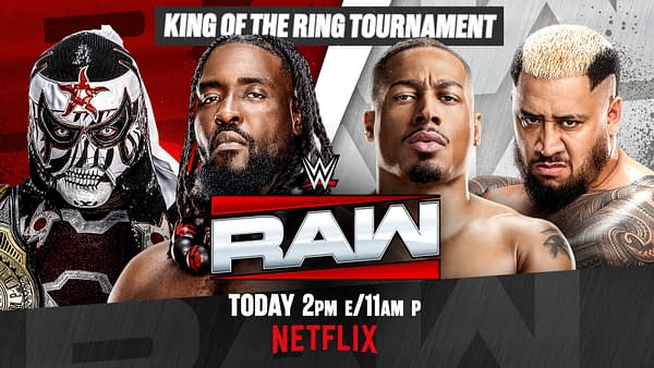 WWE Raw promotional graphic for the King of the Ring Tournament, featuring four wrestlers in intense face-offs around the Raw logo and event title. The graphic notes the qualifiers begin today on Netflix.
