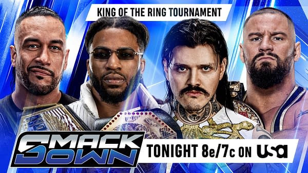 Promotional graphic for WWE SmackDown featuring four wrestlers under the heading