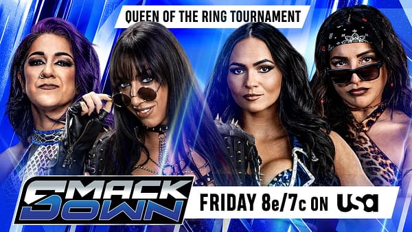 Promotional WWE SmackDown graphic for the Queen of the Ring Tournament, featuring four female wrestlers posed against a blue background. The SmackDown logo and Friday 8e/7c on USA appear at the bottom.