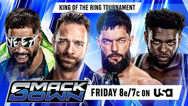 Promotional graphic for WWE SmackDown showing four wrestlers in the King of the Ring Tournament. The SmackDown logo and Friday 8/7c on USA appear at the bottom.