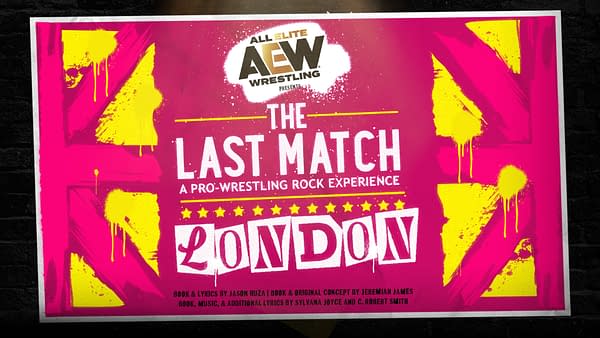 A bold pink-and-yellow promotional poster for AEW Wrestling and the West End musical The Last Match, titled
