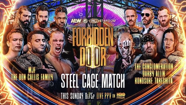Promotional poster for AEW Forbidden Door featuring a steel cage match, with wrestlers from The Don Callis Family, MJF, The Conglomeration, Darby Allin, and Konosuke Takeshita surrounding the title. The design uses bright orange and purple lighting with a cage backdrop.