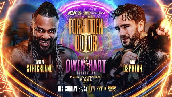 Promotional wrestling poster for AEW Forbidden Door featuring Swerve Strickland and Will Ospreay facing off, with Owen Hart Foundation Men's Tournament Final text in the center.