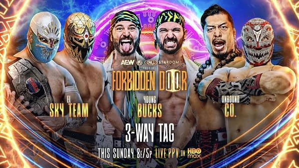 Promotional wrestling poster for AEW Forbidden Door featuring masked wrestlers and The Young Bucks in a colorful neon design.