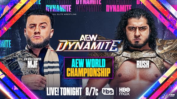 AEW Dynamite promotional graphic featuring MJF and RUSH facing off for the AEW World Championship. The poster advertises the match for tonight on TBS and HBO Max.