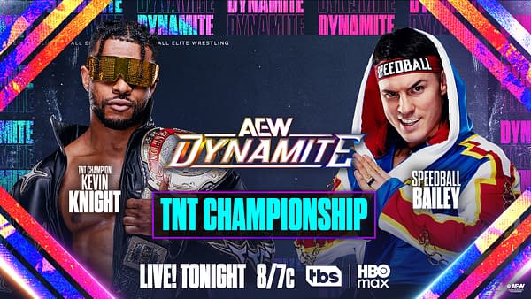 AEW Dynamite promotional graphic featuring TNT Champion Kevin Knight on the left and Speedball Bailey on the right, advertising a TNT Championship match.
