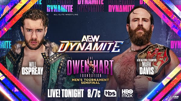 AEW Dynamite promotional graphic showing Will Ospreay on the left and Mark Davis on the right with the Owen Hart Foundation Men's Tournament semifinal branding in the center.