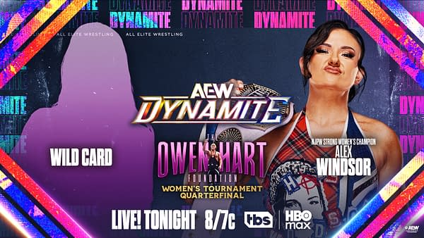 AEW Dynamite promotional graphic for the Owen Hart Foundation Women's Tournament quarterfinal, featuring Alex Windsor holding a championship belt and a silhouetted Wild Card opponent.
