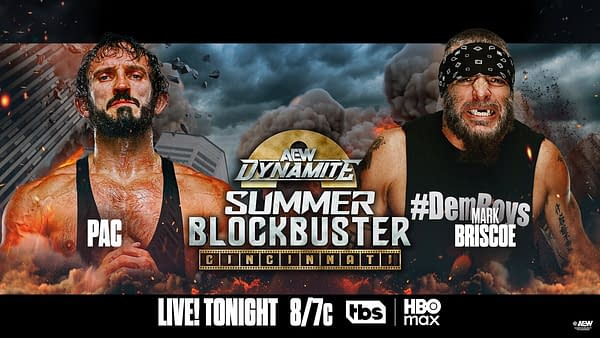 Promotional AEW Dynamite graphic for Summer Blockbuster in Cincinnati, featuring PAC on the left and Mark Briscoe on the right with smoke and explosions behind them.
