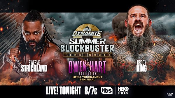 AEW Dynamite Summer Blockbuster promotional graphic featuring Swerve Strickland on the left and Brody King on the right, with Owen Hart Foundation men's tournament semifinal text in the center.