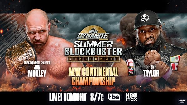 AEW Dynamite promotional graphic for the Continental Championship, featuring Jon Moxley on the left and Shane Taylor on the right with a dramatic Summer Blockbuster Cincinnati backdrop. The image advertises a live matchup tonight on TBS and HBO Max.