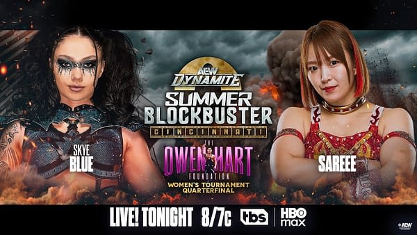 AEW Dynamite Summer Blockbuster promotional graphic for an Owen Hart Foundation women's tournament quarterfinal between Skye Blue and Sareee, with a dramatic smoky background.