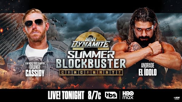 AEW Dynamite Summer Blockbuster promo featuring Orange Cassidy and Andrade El Idolo facing off over a fiery Cincinnati backdrop. The graphic advertises a live TBS and HBO Max broadcast tonight.