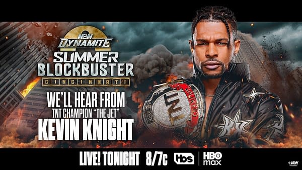 AEW Dynamite promotional graphic featuring TNT Champion Kevin Knight holding the title in front of a fiery Cincinnati backdrop.