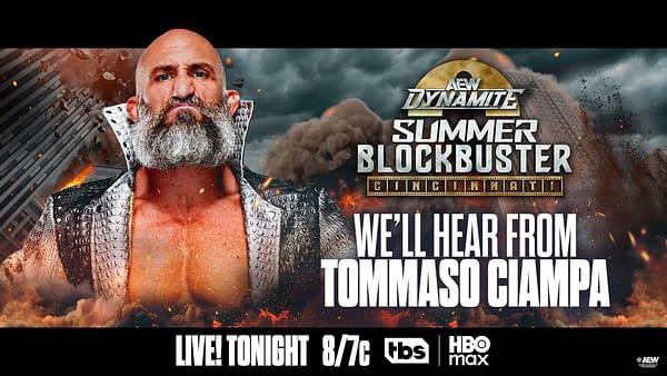AEW Dynamite promotional graphic featuring Tommaso Ciampa in a metallic jacket, with