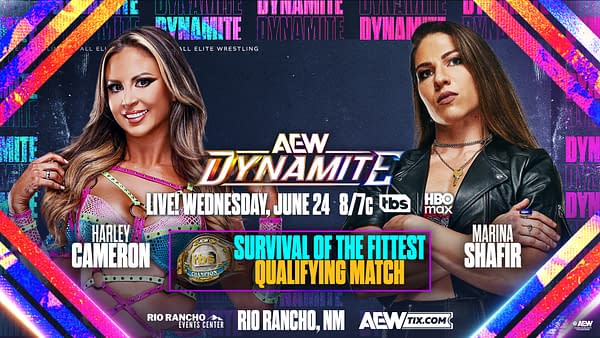 AEW Dynamite promotional poster for a Survival of the Fittest qualifying match featuring Harley Cameron and Marina Shafir.
