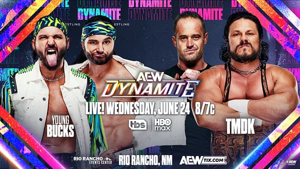 AEW Dynamite promotional graphic featuring the Young Bucks and TMDK facing off against a dark, neon-streaked background. The poster advertises a live Wednesday, June 24, 8/7c broadcast on TBS and HBO Max.