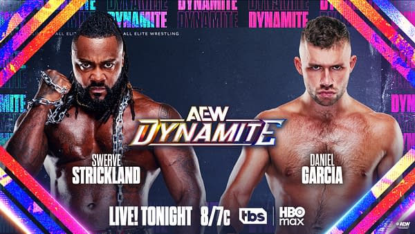 AEW Dynamite promo graphic featuring Swerve Strickland and Daniel Garcia staring down on a dark neon background. Event branding and broadcast logos appear with a