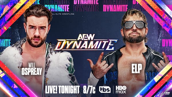 AEW Dynamite promotional graphic featuring Will Ospreay on the left and Elp on the right, with the Dynamite logo centered and colorful diagonal border accents.