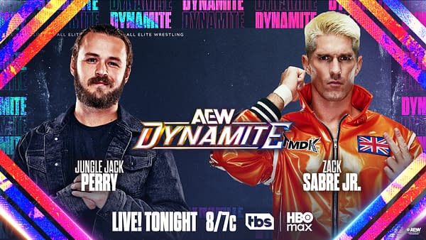 AEW Dynamite promotional poster featuring Jungle Jack Perry and Zack Sabre Jr. facing off, with the AEW Dynamite logo and live TV details.