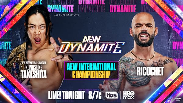AEW Dynamite promotional graphic featuring Konosuke Takeshita and Ricochet facing off for the AEW International Championship. The design announces the match will air live tonight on TBS and HBO Max.