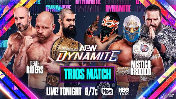 AEW Dynamite promotional graphic for a trios match, featuring the Death Riders on one side and Mistico and Brodido on the other, with championship belts and masked wrestlers centered around the AEW Dynamite logo. The image includes a live tonight time slot and TBS/HBO Max branding.