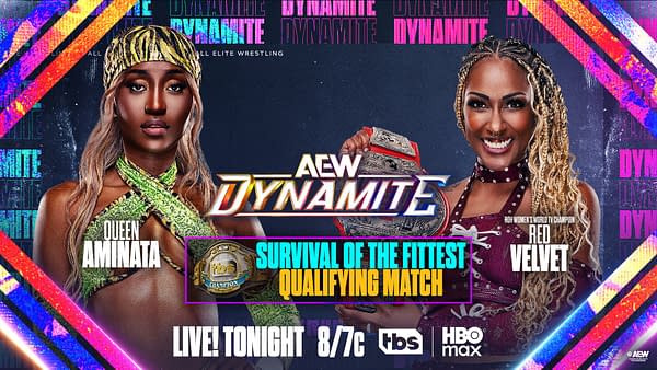 AEW Dynamite promotional graphic featuring Queen Aminata and Red Velvet facing off in a Survival of the Fittest qualifying match, with the AEW Dynamite logo centered between them.
