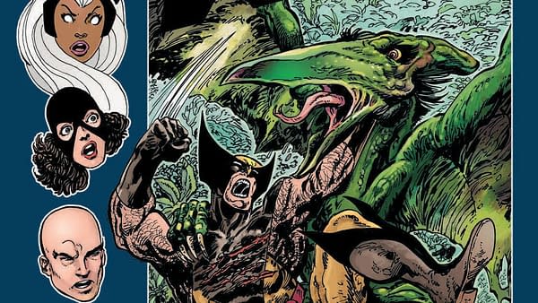 Comic-book illustration from X-Men Elsewhen showing Wolverine battling a giant green reptilian monster, with three character headshots stacked along the left side. The scene is loud, chaotic, and action-packed.