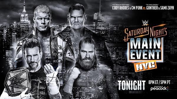 WWE Saturday Night's Main Event promotional graphic featuring Cody Rhodes, CM Punk, Gunther, and Sami Zayn against a New York City skyline, with the event logo and
