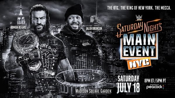 Roman Reigns and Jalen Brunson appear in a WWE Saturday Night's Main Event promo graphic over a New York City skyline, with event details for Madison Square Garden. Roman Reigns holds championship belts beside the WWE logo and Saturday Night's Main Event branding.