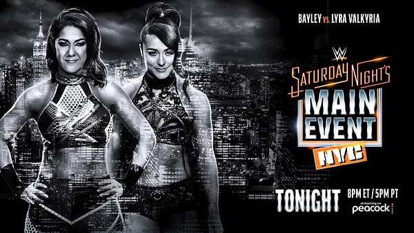 WWE Saturday Night's Main Event promo featuring Bayley and Lyra Valkyria facing off over a New York City skyline, with the event logo and
