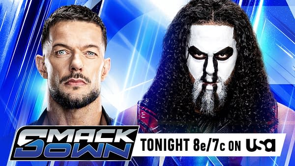 Finn Bálor and Talla Tonga face off in a WWE SmackDown matchup graphic, with the SmackDown logo and