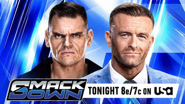 WWE SmackDown promotional graphic featuring Gunther and Nick Aldis staring ahead against a blue backdrop. The SmackDown logo and