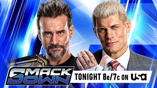 CM Punk and Cody Rhodes face off in a WWE SmackDown promotional graphic, with Punk holding a championship belt and Rhodes in a suit. The words