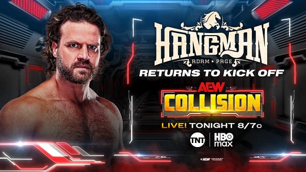 AEW Collision promotional graphic featuring Hangman Adam Page on the left with the text