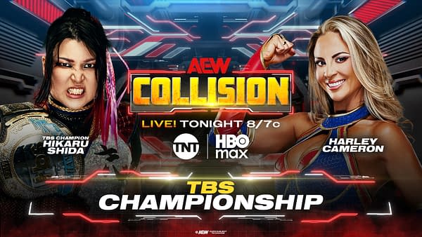 AEW Collision promotional graphic featuring Hikaru Shida and Harley Cameron facing off for the TBS Championship. Shida scowls while holding the title, and Cameron smiles with a raised fist.