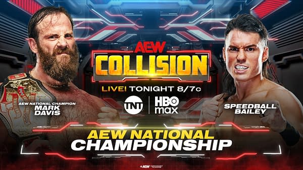 AEW Collision promotional graphic for the AEW National Championship, featuring Mark Davis and Speedball Bailey facing off in a title match. The event time and TNT/HBO Max logos appear in the center.
