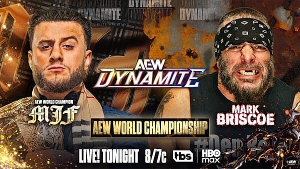 AEW Dynamite promotional graphic featuring AEW World Champion MJF on the left and Mark Briscoe on the right, with a match-up banner between them.