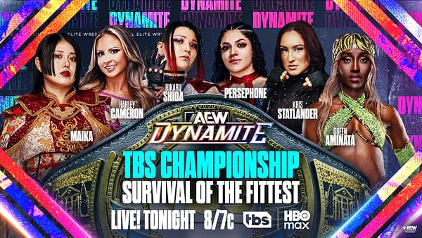 AEW Dynamite promotional graphic for the TBS Championship Survival of the Fittest match, featuring Maika, Harley Cameron, Hikaru Shida, Persephone, Kris Statlander, and Queen Aminata around a championship belt.