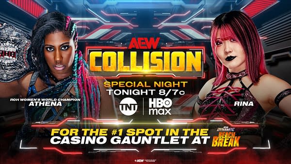 AEW Collision promotional graphic featuring ROH Women's World Champion Athena on the left and Rina on the right, with a