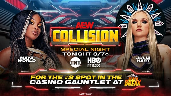AEW Collision promotional graphic featuring Maya World and Julia Hart facing off, with a special night announcement for the Casino Gauntlet at Beach Break.