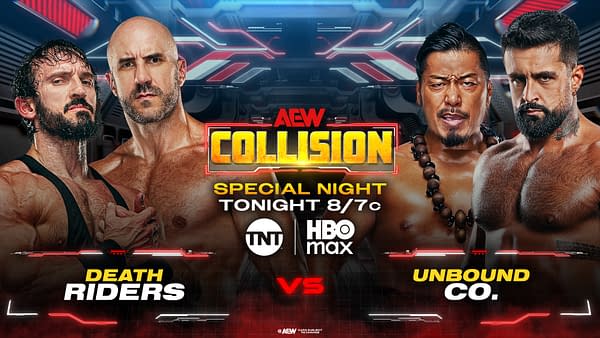 AEW Collision promotional graphic showing Death Riders versus Unbound Co. for a special night broadcast, with four wrestlers posed around the Collision logo.