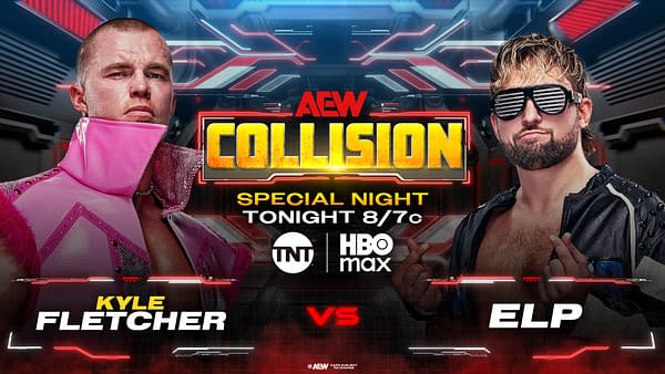 AEW Collision match graphic showing Kyle Fletcher versus ELP, with both wrestlers posed on either side of the Collision logo and