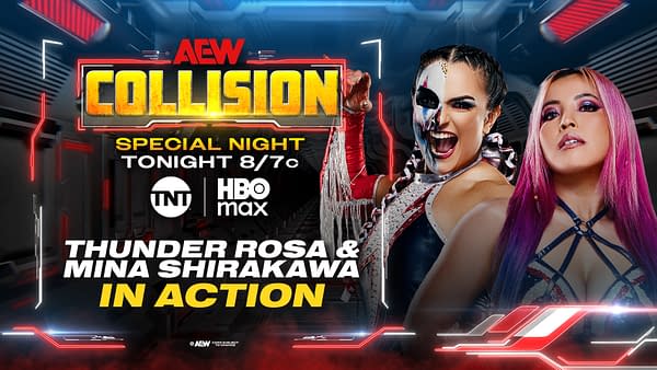 AEW Collision promo graphic featuring Thunder Rosa and Mina Shirakawa side by side, with event details for a special night broadcast. Thunder Rosa wears face paint and raises her fist while Mina Shirakawa poses in pink hair.